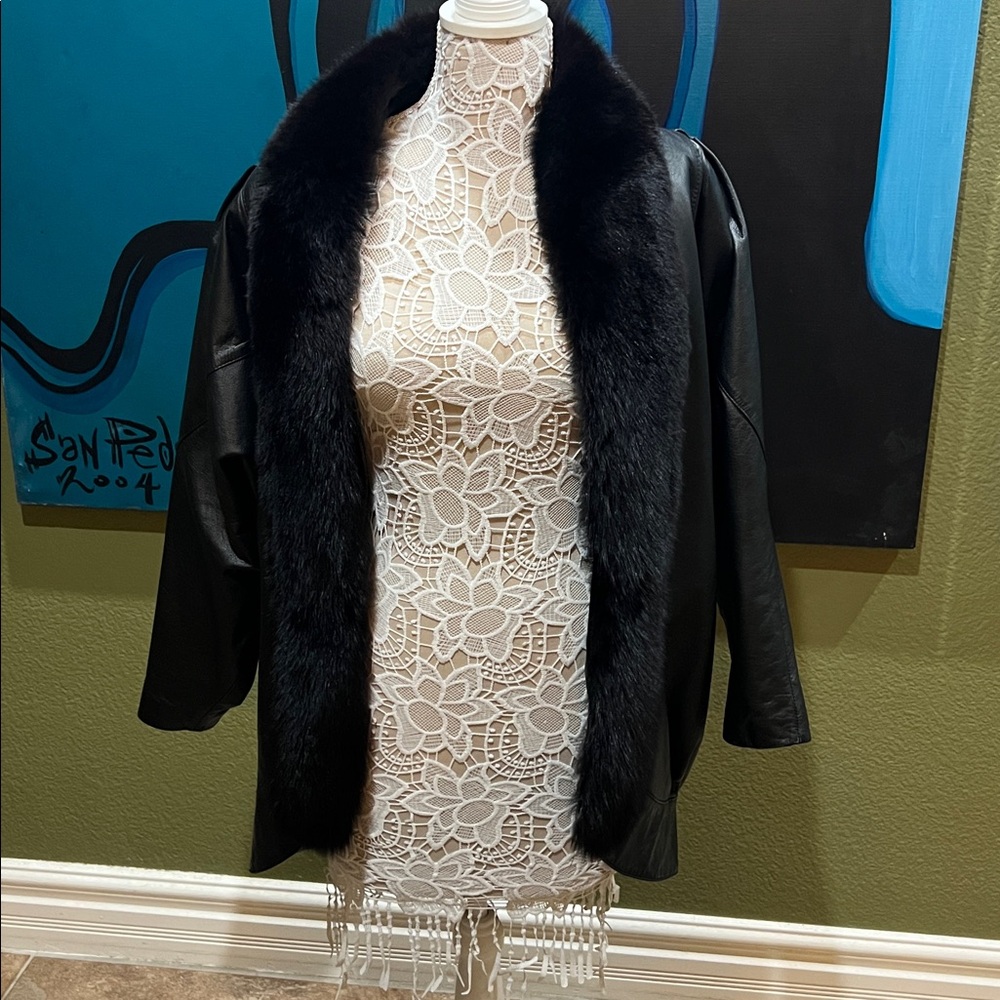 Vintage Jacqueline Ferrar Black Leather Jacket with Faux Fur Trim